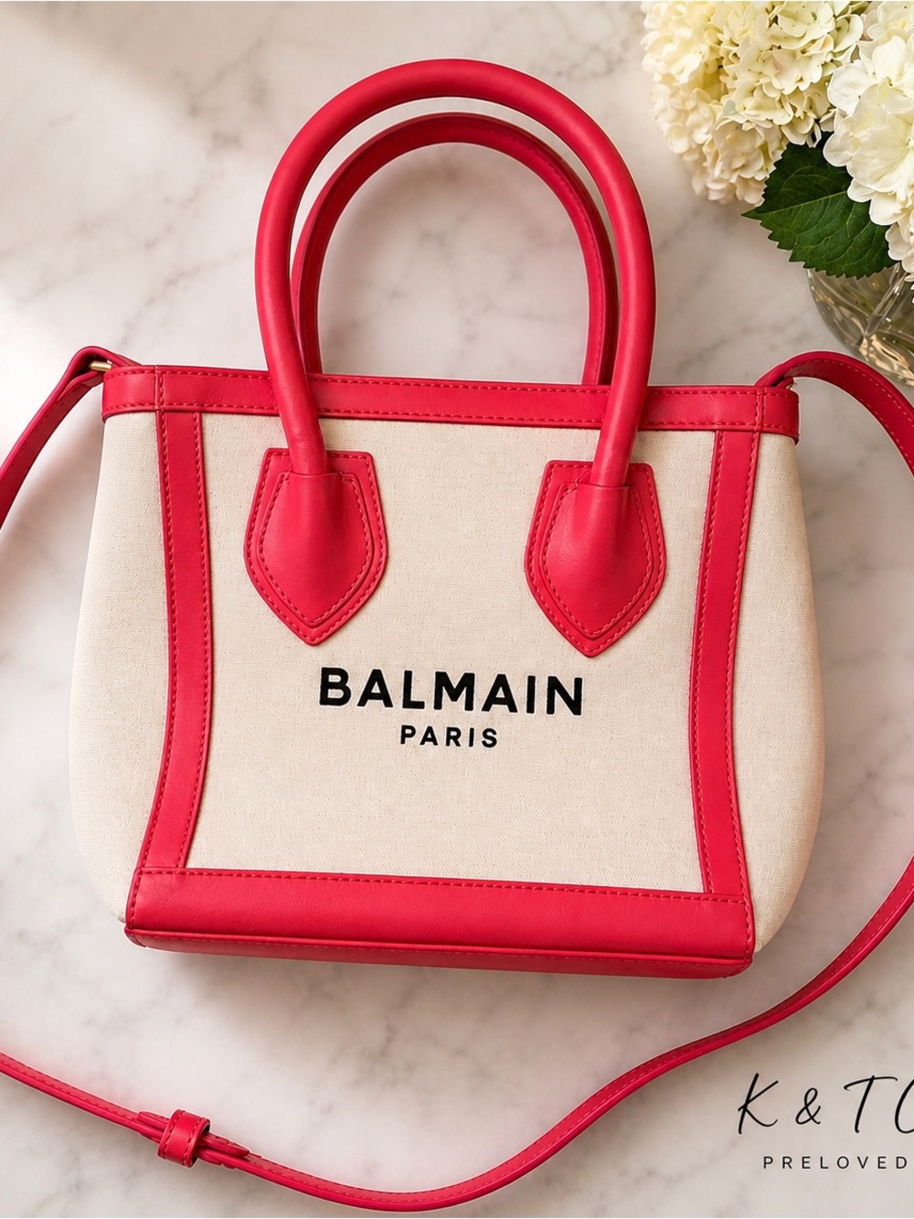 Balmain Paris Beige Canvas Tote with Pink-Leather Trim